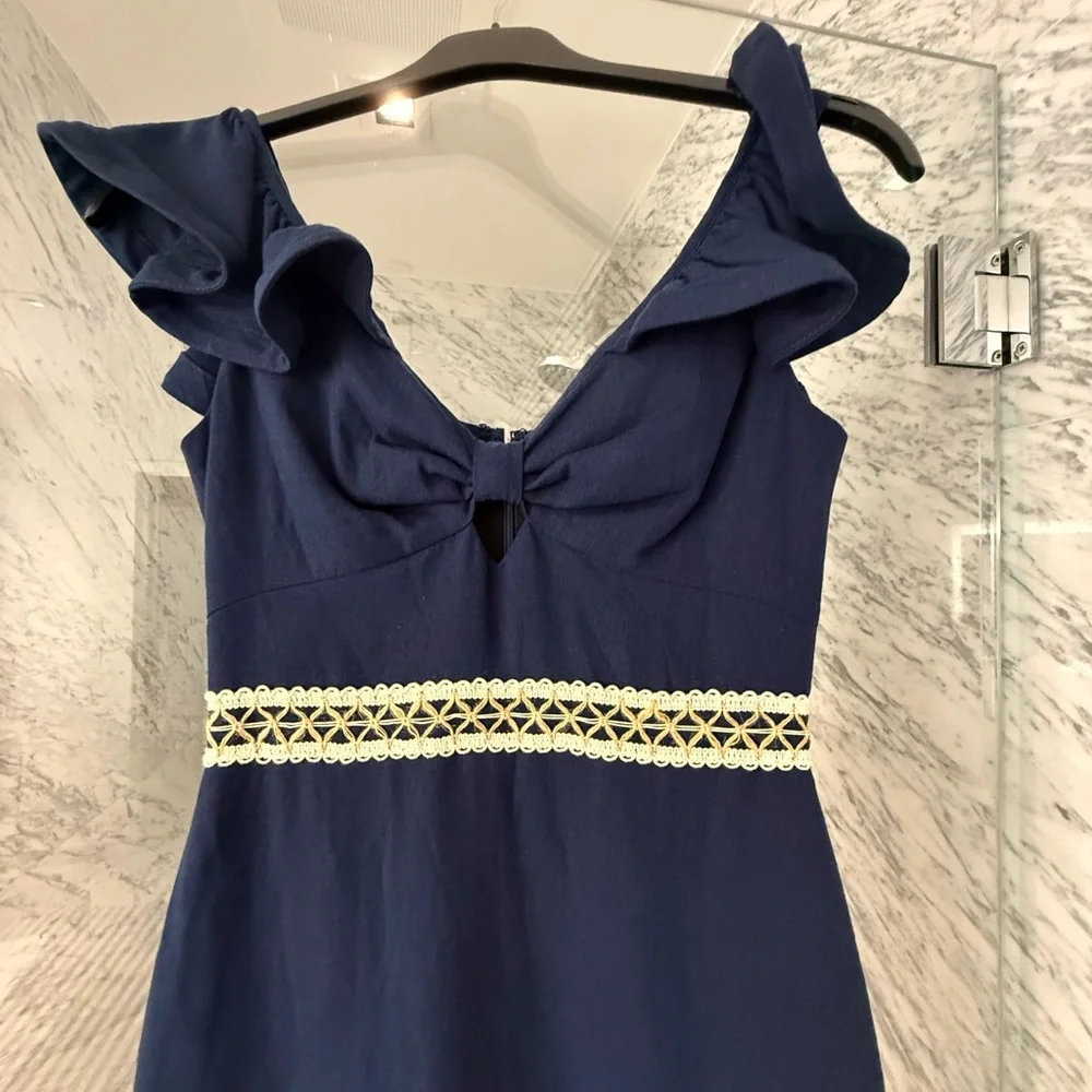 PatBO NEW Navy Ruffle Mini Dress w/ Crochet Waist & Fringe Hem | Size 4 - Picture 8 of 9